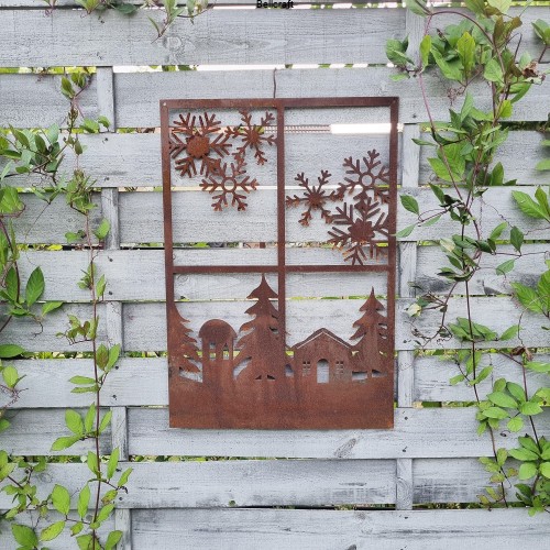 Okno z zimowym pejzażem - dekoracja malowana rdzą