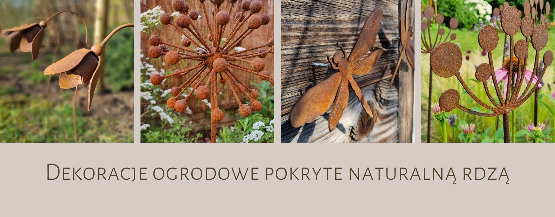 dekoracje ogrodowe pokryte rdzą